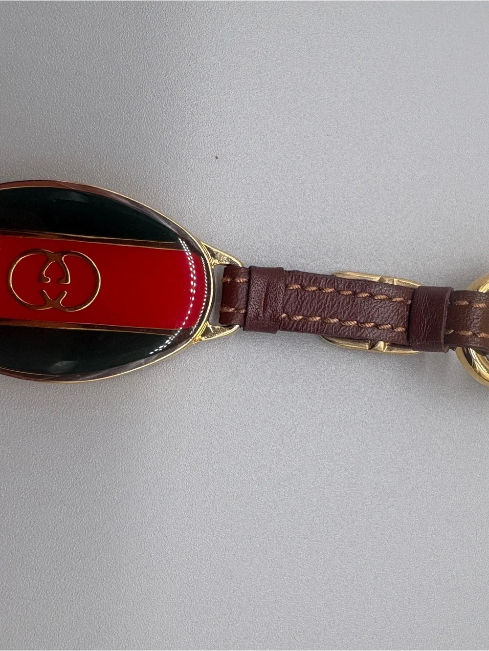 Vintage Gucci GG Enamel Key Ring Red Green Leather Gold Tone with COA